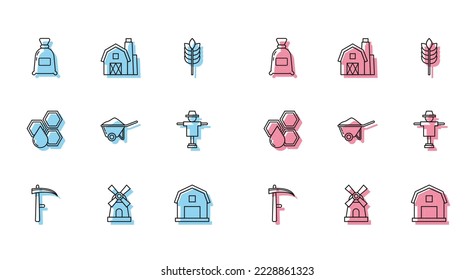Set line Scythe, Windmill, Bag of flour, Farm House concept, Wheelbarrow with dirt, Scarecrow, Honeycomb and  icon. Vector