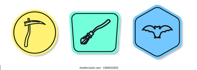Set line Scythe , Witches broom  and Flying bat . Colored shapes. Vector
