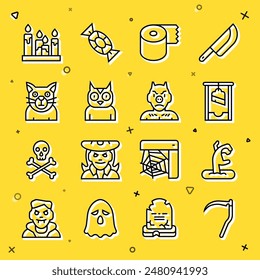 Set line Scythe, Zombie hand, Guillotine, Toilet paper roll, Owl bird, Cat, Burning candle and Krampus, heck icon. Vector