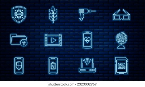 Set line SD card, Earth globe, Drill machine, Play Video, Download arrow with folder, UV protection, Smartphone heart rate and Wheat icon. Vector