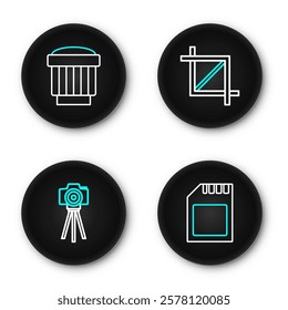 Set line SD card, Photo camera, Picture crop photo and Camera lens icon. Vector