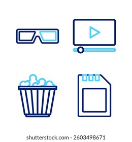 Set line SD card, Popcorn in box, Online play video and 3D cinema glasses icon. Vector