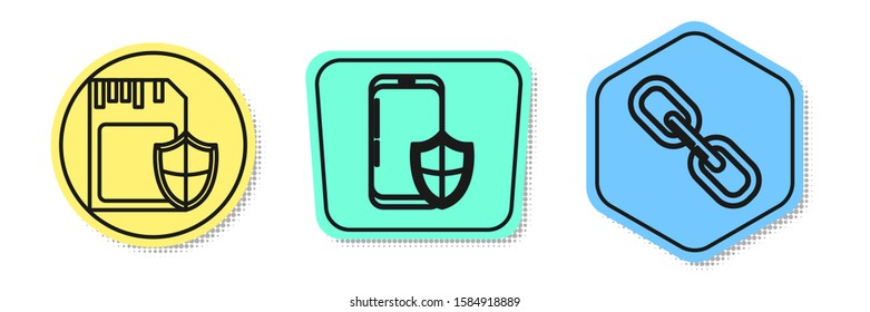 Set line SD card and shield , Smartphone with security shield  and Chain link . Colored shapes. Vector