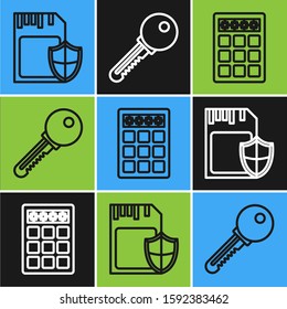 Set line SD card and shield , Password protection and safety access  and Key  icon. Vector