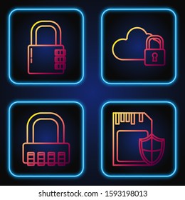 Set line SD card and shield , Safe combination lock , Safe combination lock  and Cloud computing lock . Gradient color icons. Vector