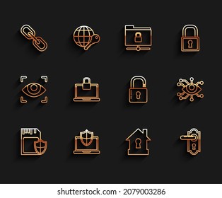 Set line SD card and shield, Laptop protected with, Chain link, House under protection, Door handle, lock, Eye scan and Open padlock icon. Vector