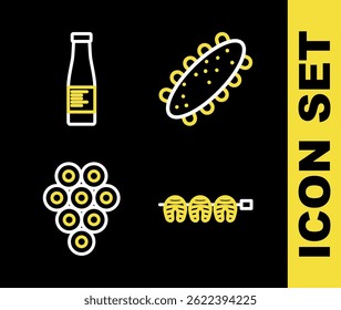 Set line Sea cucumber, Grilled fish steak, Caviar and Sauce bottle icon. Vector