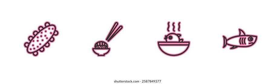 Set line Sea cucumber, Puffer fish soup, Sushi and Shark icon. Vector