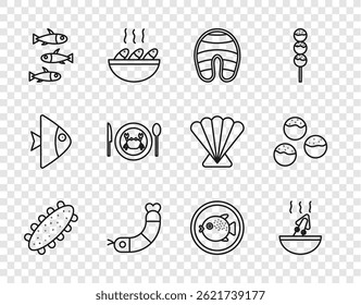 Set line Sea cucumber, Soup with octopus, Fish steak, Shrimp, Fishes, Served crab on plate, Puffer fish and Takoyaki icon. Vector