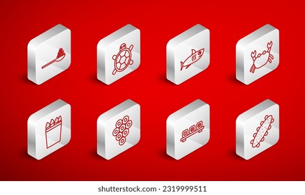 Set line Sea cucumber, Turtle, Shark, Crab, Sushi on cutting board, Caviar spoon,  and Fishing bucket with fishes icon. Vector
