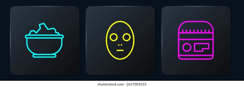 Set line Sea salt in a bowl, Cream or lotion cosmetic tube and Facial mask. Black square button. Vector