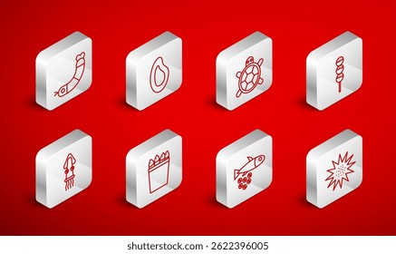 Set line Sea urchin, Mussel, Turtle, Takoyaki on stick, Fish with caviar, Shrimp, Fishing bucket fishes and Octopus icon. Vector