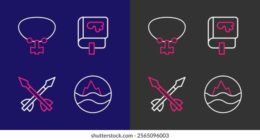 Set line Sea and waves, Medieval arrows, Viking book and Mace with spikes icon. Vector