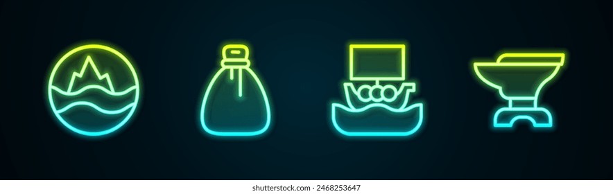 Set line Sea and waves, Old money bag, Viking ship Drakkar and Anvil for blacksmithing. Glowing neon icon. Vector