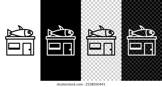 Establecer línea icono de la tienda de mariscos aislado en fondo blanco y negro. Fachada del mercado de mariscos.  Vector