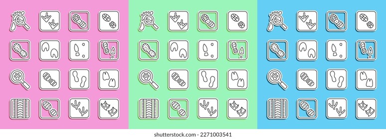 Set line Seagull paw footprint, Camel, Human footprints shoes, Horse, Magnifying glass with footsteps and  icon. Vector