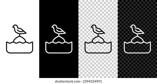 Set line Seagull sitzt auf einem Boy im Meer Symbol einzeln auf schwarz-weißem, transparentem Hintergrund.  Vektorgrafik