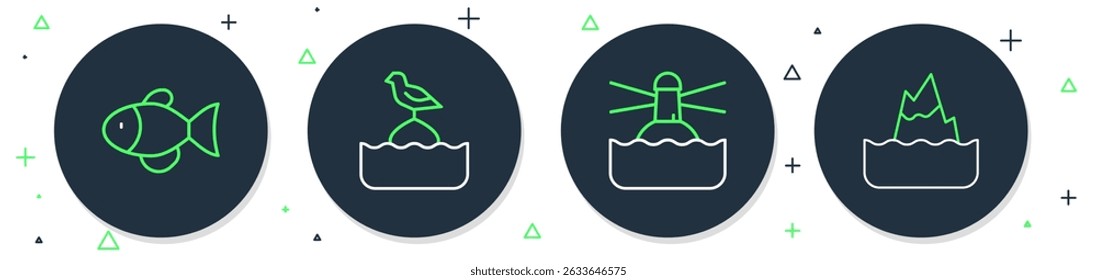 Set line Seagull sits on a buoy, Lighthouse, Fish and Iceberg icon. Vector