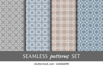 Set of line seamless patterns. Abstract geometric ornament in arabian style. Repeating graphic texture, colorful seamless backgrounds collection, design for fabric or paper print. Tribal ethnic motifs