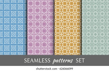 Set of line seamless patterns. Abstract geometric ornament in arabian style. Repeating graphic texture, colorful seamless backgrounds collection, design for fabric or paper print. Tribal ethnic motifs