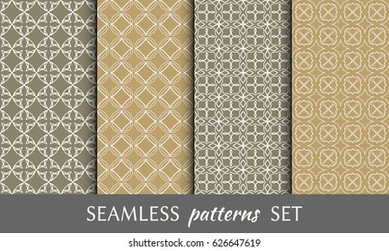 Set of line seamless patterns. Abstract geometric ornament in arabian style. Repeating graphic texture, seamless backgrounds collection, design for fabric or paper print. Tribal ethnic motifs