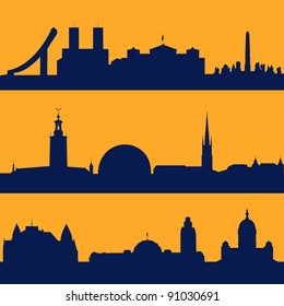 Set of line seamless patterns with  silhouette of Oslo, Stockholm and Helsinki.