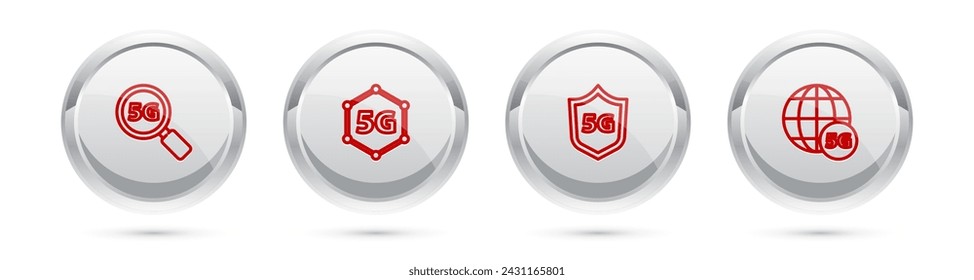 Set line Search 5G network, , Protective shield and . Silver circle button. Vector