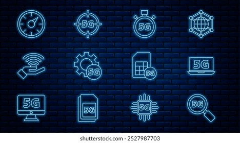 Set line Suche 5G-Netzwerk, Laptop mit, Digitaler Geschwindigkeitsmesser, Einstellung, Sim-Karte und Symbol. Vektorgrafik