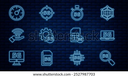 Set line Search 5G network, Laptop with, Digital speed meter, Setting, Sim Card and  icon. Vector