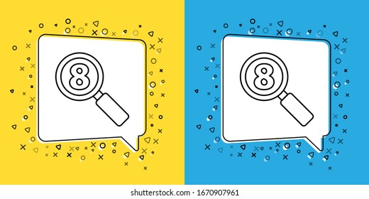 Set line Search 8 March icon isolated on yellow and blue background. Magnifying glass sign. International Happy Women Day.  Vector Illustration
