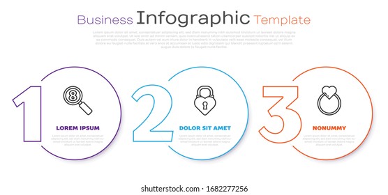 Set line Search 8 March, Castle in the shape of a heart and Wedding rings. Business infographic template. Vector
