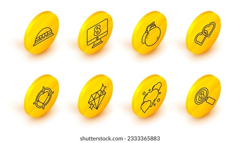 Fijar línea Buscar 8 de marzo, Corazón, Diamante, en el centro del objetivo, Dos corazones vinculados, Perfume, monitorear y icono de sombrero de mujer elegante. Vector