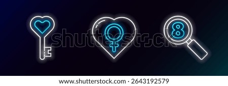 Set line Search 8 March, Key in heart shape and Female gender icon. Glowing neon. Vector