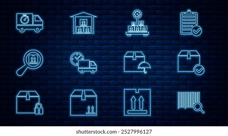 Set line Search barcode, Package box with check mark, Scale cardboard, Delivery truck and clock, package, stopwatch, umbrella and Warehouse icon. Vector