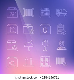 Set line Search barcode, Placeholder on map, Verification of delivery list, Warehouse, Locked package, Cardboard box with traffic, Plane and cardboard and Delivery security shield icon. Vector