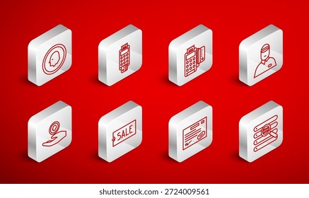 Set line Search in a browser window, POS terminal with credit card, Seller, Warranty certificate template, Coin money, Price tag text Sale and Hand holding coin icon. Vector