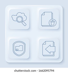 Set line Search cloud computing, Delete file document, Document folder protection and Next page arrow. White square button. Vector