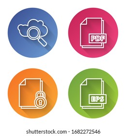 Set line Search cloud computing, PDF file document, Document and lock and EPS file document. Color circle button. Vector