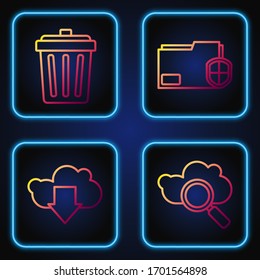 Set line Search cloud computing, Cloud download, Trash can and Document folder protection. Gradient color icons. Vector