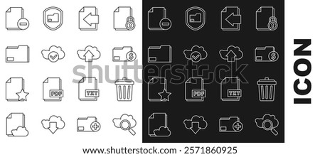 Set line Search cloud computing, Trash can, Finance document folder, Next page arrow, Cloud with check mark, Document, minus and upload icon. Vector