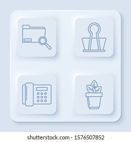 Set line Search concept with folder, Binder clip, Telephone and Flowers in pot. White square button. Vector