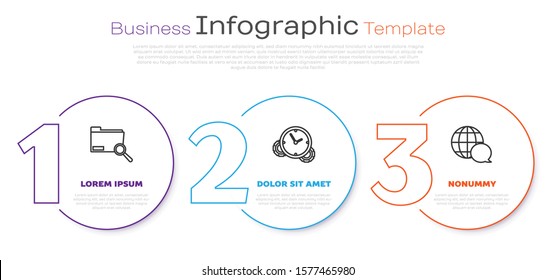 Set line Search concept with folder, Time Management and World map made from speech bubble. Business infographic template. Vector