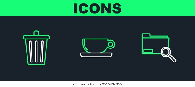 Set line Search concept with folder, Trash can and Coffee cup flat icon. Vector