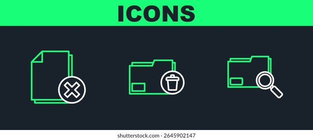 Set line Search concept with folder, Delete file document and  icon. Vector