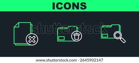 Set line Search concept with folder, Delete file document and  icon. Vector