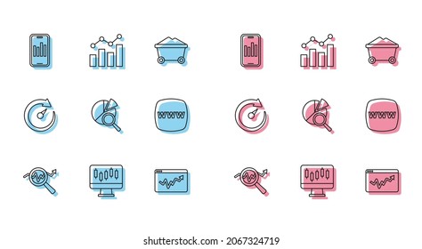 Set line Search data analysis, Stocks market growth graphs, Mobile with, Graph chart infographic, Website template, Digital speed meter and Financial icon. Vector