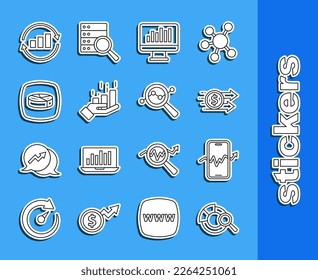 Set line Search data analysis, Mobile stock trading, Financial growth dollar, Monitor with graph chart, Pie infographic, Graph and  icon. Vector