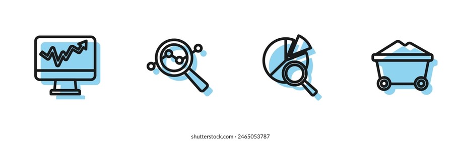 Set line Search data analysis, Monitor with graph chart,  and Coal mine trolley icon. Vector