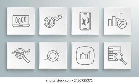Set line Search data analysis, Financial growth dollar, Pie chart infographic, Server, Mobile stock trading,  and Stocks market graphs icon. Vector
