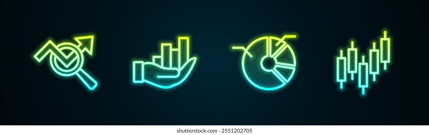 Set line Search data analysis, Pie chart infographic,  and Browser with stocks market. Glowing neon icon. Vector